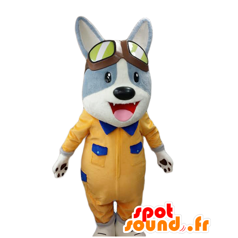 Mascotte Kagi. Blue and white dog mascot yellow dress - MASFR27693 - Yuru-Chara Japanese mascots