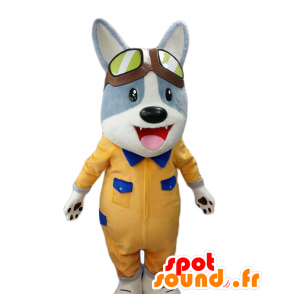 Maskot Kagi. Modrá a bílá psí maskot žluté outfit - MASFR27693 - Yuru-Chara japonské Maskoti