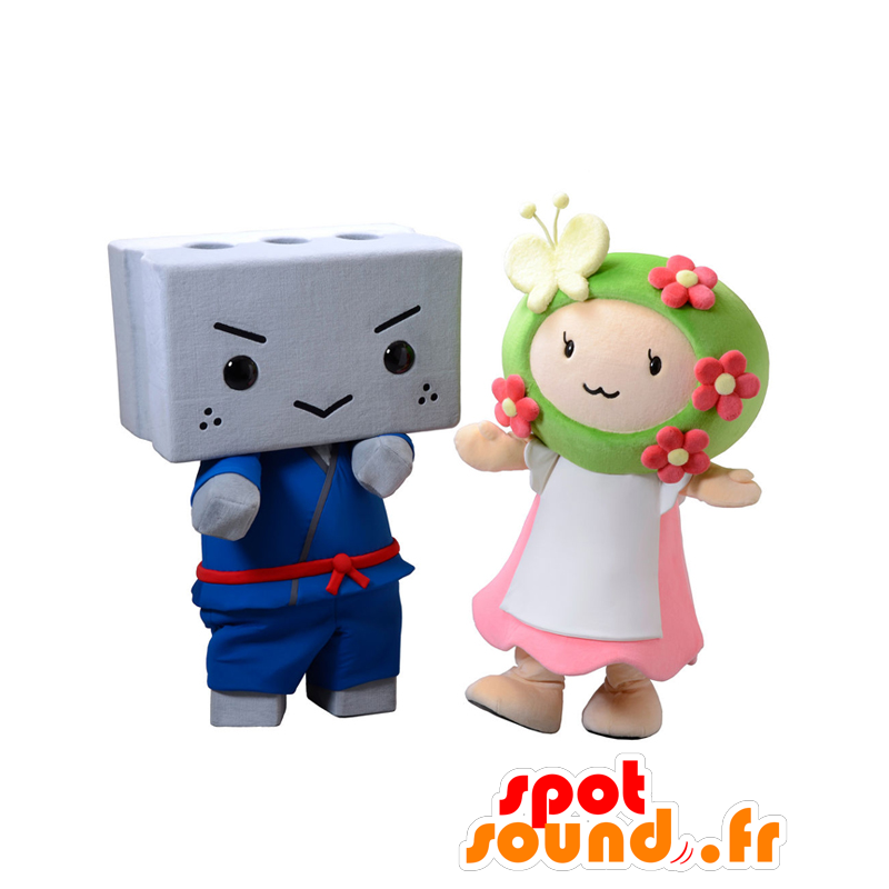 2 Mascottes cinderblock in een kimono en een kleurrijke meisje - MASFR27714 - Yuru-Chara Japanse Mascottes