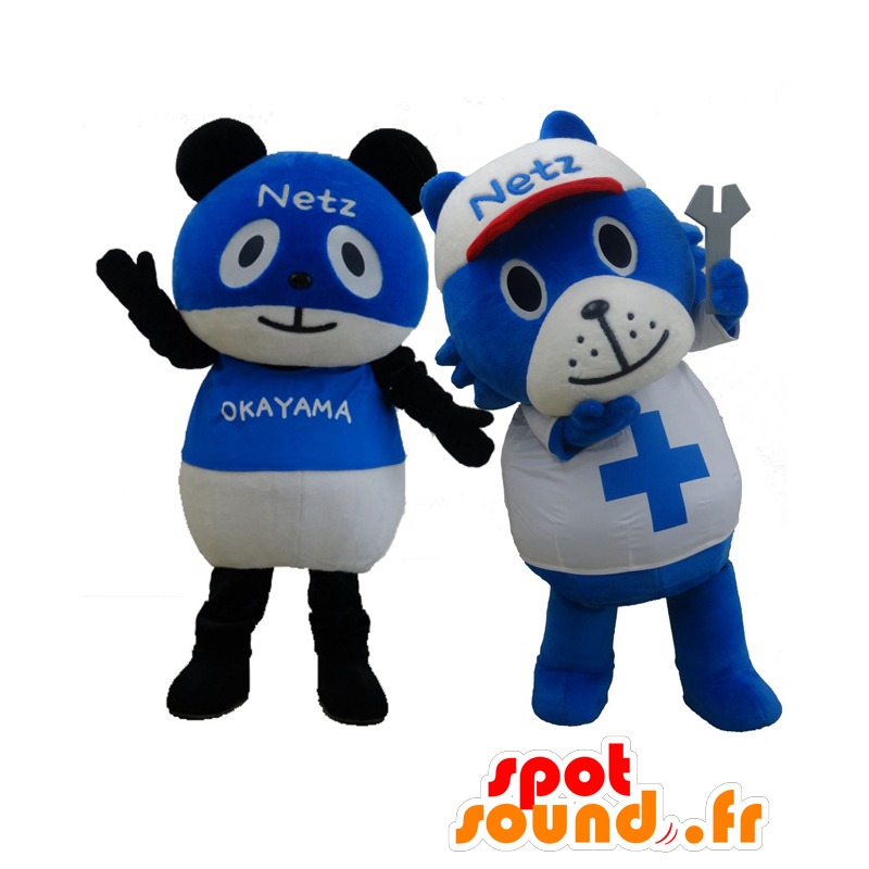 2 pandamaskoter, blå och vit - Spotsound maskot