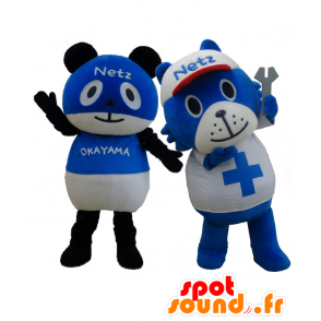 2 pandamaskoter, blå och vit - Spotsound maskot