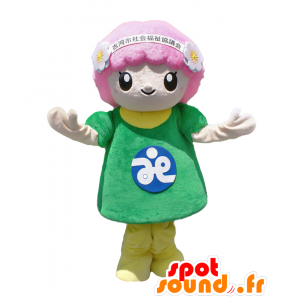 Momo-chan mascot, pink flower, green and blue - MASFR27735 - Yuru-Chara Japanese mascots