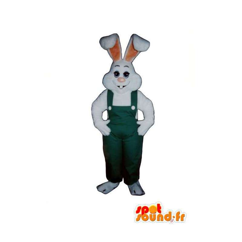 Vit kaninmaskot i grön overall - Spotsound maskot