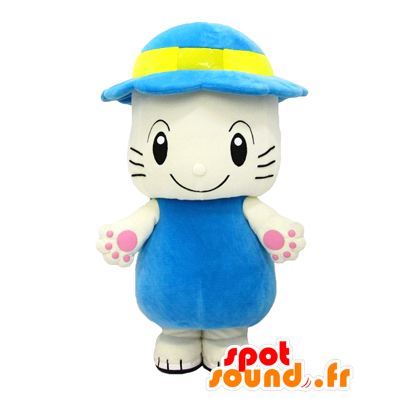 Totchi maskot. Hvid og blå kat maskot og hat - Spotsound maskot