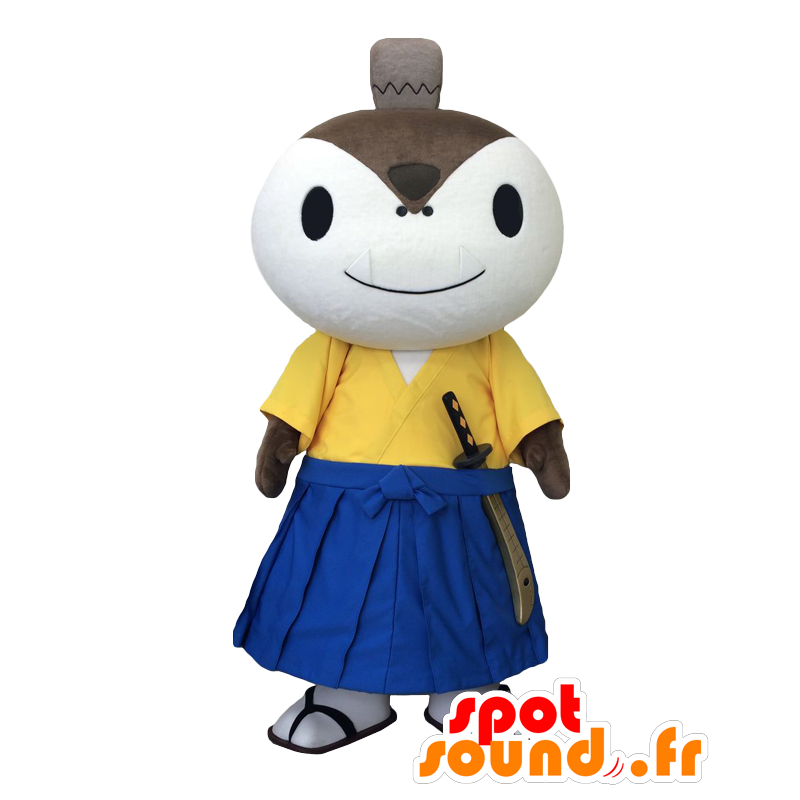 Mascotte de Hamoshiro. Mascotte de ninja blanc en jaune et bleu - MASFR27793 - Mascottes Yuru-Chara Japonaises