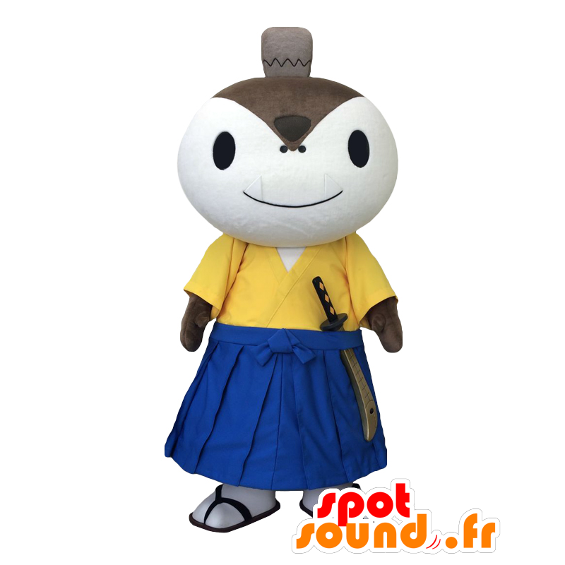 Maskot Hamoshiro. bílý ninja maskot ve žluté a modré - MASFR27793 - Yuru-Chara japonské Maskoti