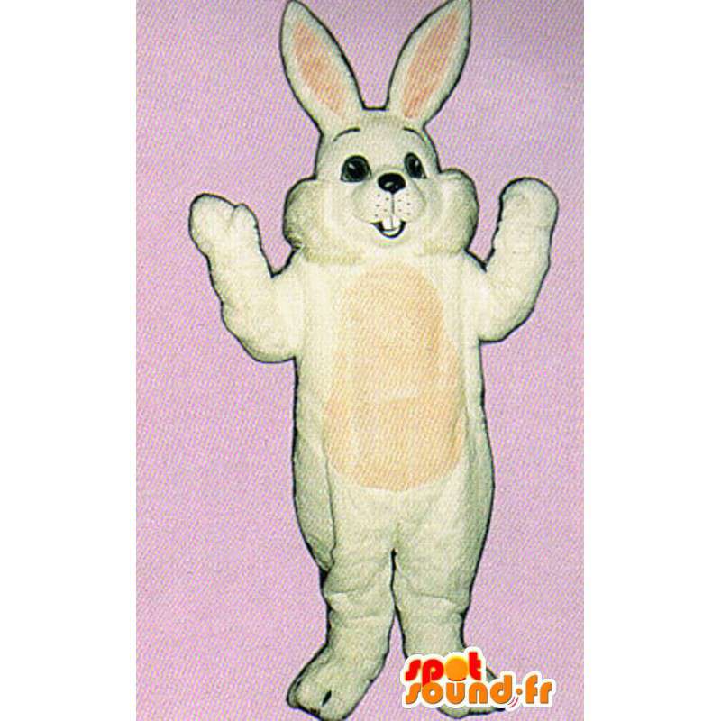 Costume bianco e grande coniglio rosa, sorridente e paffuto - MASFR007119 - Mascotte coniglio