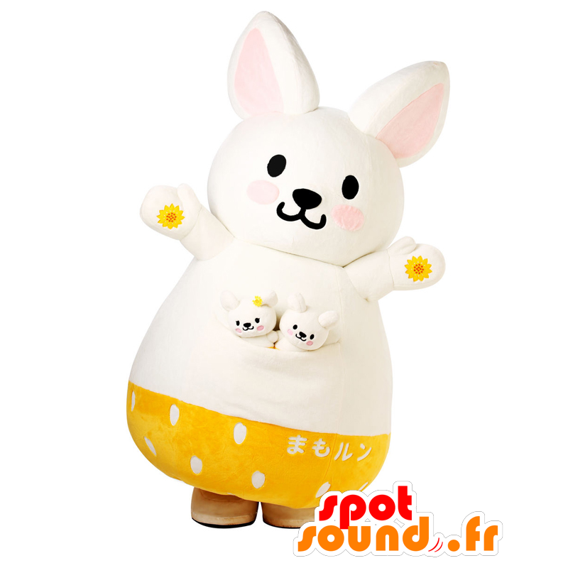 マモルンのマスコット。大きな白と黄色のウサギのマスコット-MASFR27854-日本のゆるキャラのマスコット