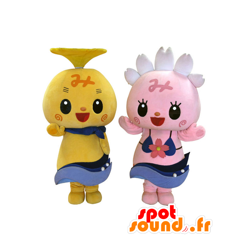 2 rosa og gule maskoter Mishima og Shizuoka - MASFR27863 - Yuru-Chara japanske Mascots