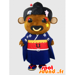 Mascotte bicipiti. Mucca mascotte marrone, kimono blu - MASFR27865 - Yuru-Chara mascotte giapponese