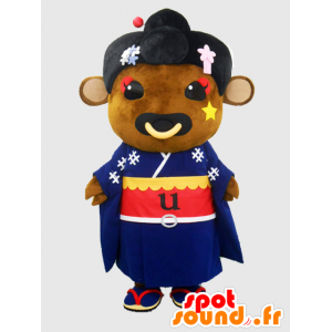 Mascotte de Biceps. Mascotte de vache marron, en kimono bleu - MASFR27865 - Mascottes Yuru-Chara Japonaises