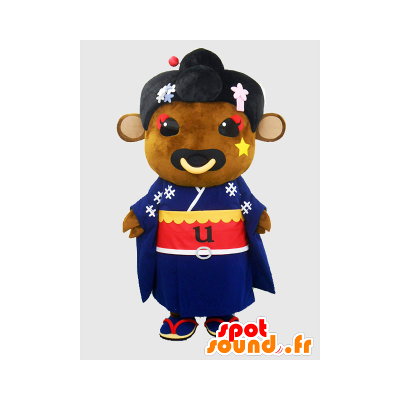 Mascot biceps. koe mascotte bruin, blauw kimono - MASFR27865 - Yuru-Chara Japanse Mascottes