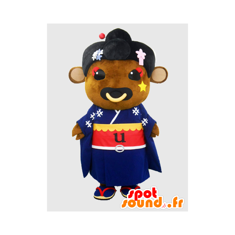 Mascot hauis. lehmän maskotti ruskea, sininen kimono - MASFR27865 - Mascottes Yuru-Chara Japonaises