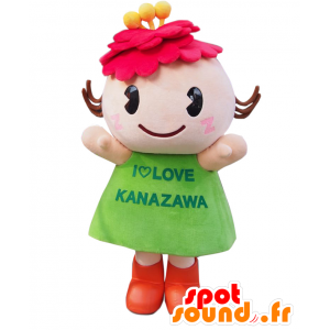 Μασκότ Button-chan, ροζ και πράσινο χαρακτήρα, λουλουδένιο - MASFR27879 - Yuru-Χαρά ιαπωνική Μασκότ