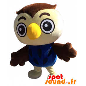 Mascotte de Fukutan, hibou marron, beige et bleu - MASFR27881 - Mascottes Yuru-Chara Japonaises