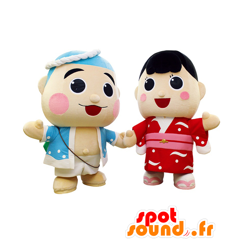 Mascottes Namimaru en Fuuchan, een meisje en een gekleurde jongen - MASFR27883 - Yuru-Chara Japanse Mascottes