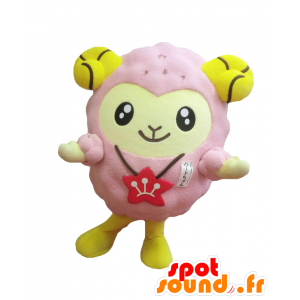Herz-chan Maskottchen, rosa Schafe mit gelben Hörnern - MASFR27889 - Yuru-Chara japanischen Maskottchen