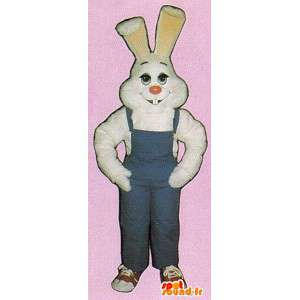Blanco traje de conejo con un mono azul - MASFR007131 - Mascota de conejo