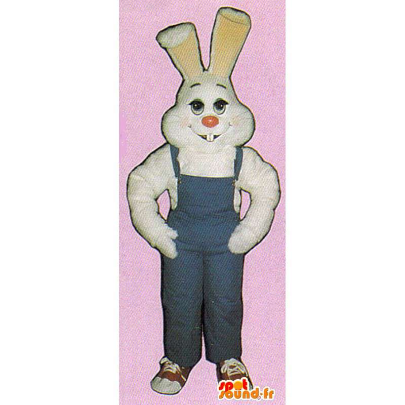 White rabbit costume in blue overalls - MASFR007131 - Rabbit mascot