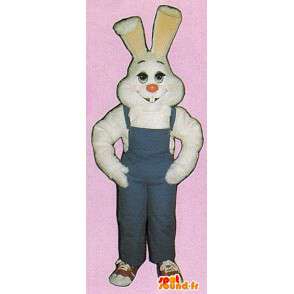 Blanco traje de conejo con un mono azul - MASFR007131 - Mascota de conejo