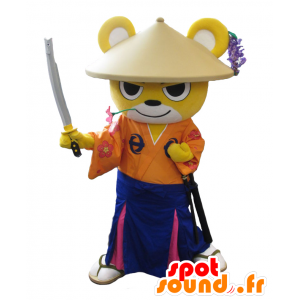 Mascotte de Sennan, ours jaune et blanc en tenue de samouraï - MASFR27906 - Mascottes Yuru-Chara Japonaises