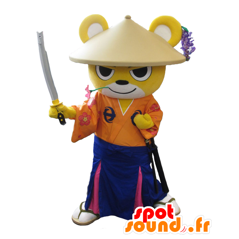 Mascotte de Sennan, ours jaune et blanc en tenue de samouraï - MASFR27906 - Mascottes Yuru-Chara Japonaises