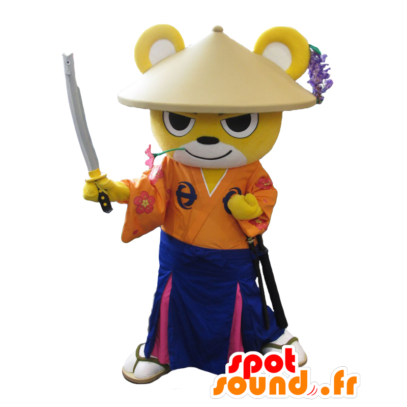 Mascot Sennan, urso amarelo e branco samurai segurando - MASFR27906 - Yuru-Chara Mascotes japoneses