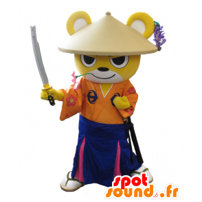 Mascot Sennan, keltainen ja valkoinen karhu holding samurai - MASFR27906 - Mascottes Yuru-Chara Japonaises