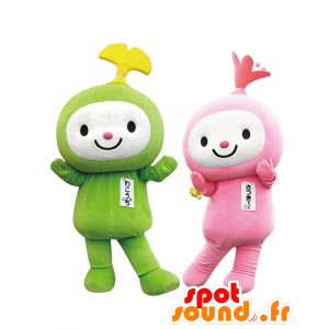 Mascots Wakotchi and Satsuki-chan, green and pink chaps - MASFR27914 - Yuru-Chara Japanese mascots