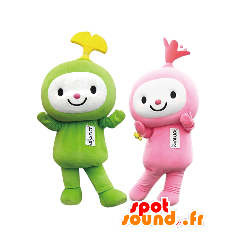 Mascots Wakotchi and Satsuki-chan, green and pink chaps - MASFR27914 - Yuru-Chara Japanese mascots