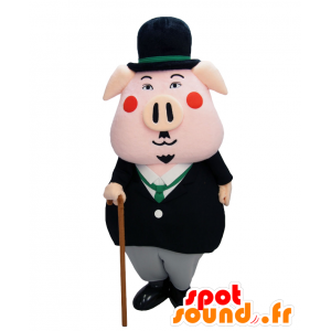 Mascotte de Sunagawa pork Chaplin, cochon rose en costume élégant - MASFR27924 - Mascottes Yuru-Chara Japonaises