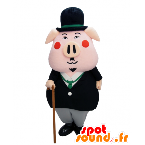 Mascot Sunagawa cerdo Chaplin, cerdo rosado en traje elegante - MASFR27924 - Yuru-Chara mascotas japonesas