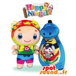 Maskoter av Happy Ningels, en färgglad docka och en dinosaurie