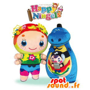 Mascots of Happy Ningels, en farverig dukke og en dinosaur -