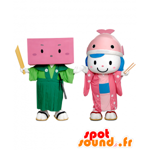 Maskoter Yokan MigiEmon og Koihime, rosa maskoter - MASFR27955 - Yuru-Chara japanske Mascots