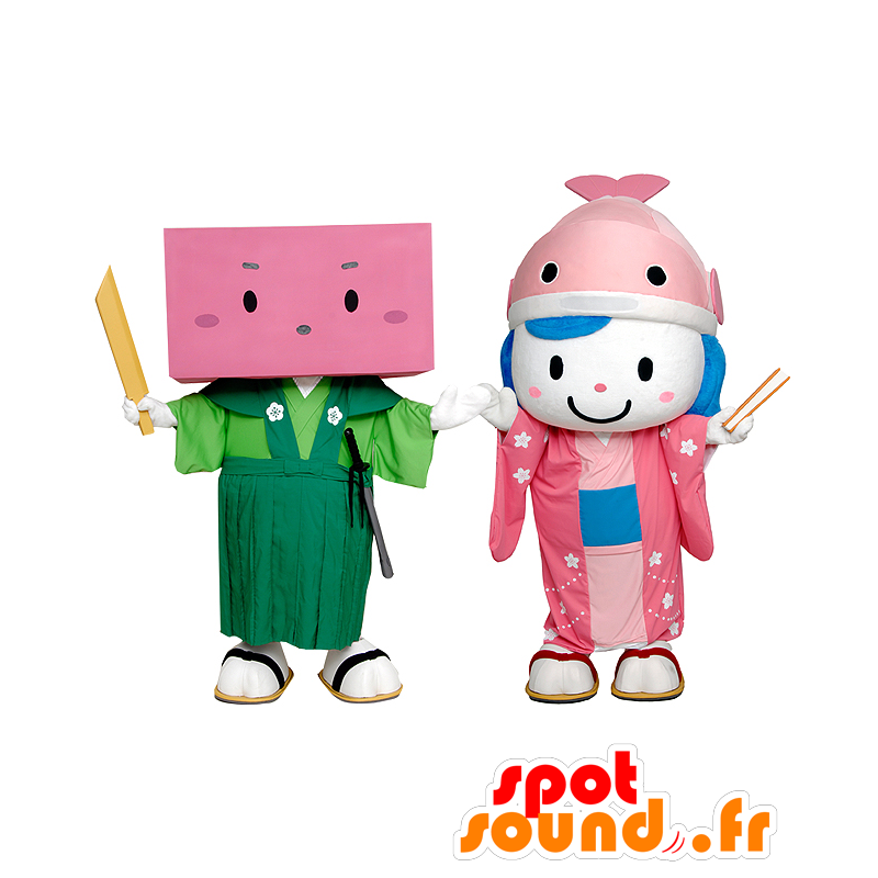 Maskotteja Yokan MigiEmon ja Koihime, vaaleanpunainen maskotteja - MASFR27955 - Mascottes Yuru-Chara Japonaises