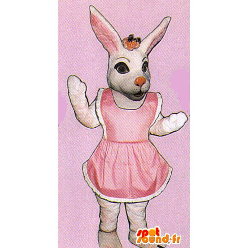 Mascot pink and white rabbit in dress - MASFR007138 - Rabbit mascot