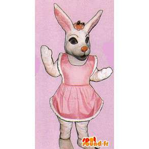 Vit och rosa kaninmaskot, i klänning - Spotsound maskot