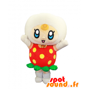 Mascotte de Kotoberi, fraise rouge et blanche à pois jaunes - MASFR27961 - Mascottes Yuru-Chara Japonaises