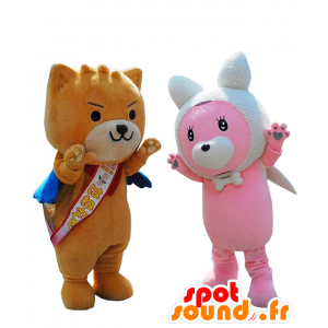 Mascotte e Hanemaru Paneko, un cane marrone e un coniglietto rosa - MASFR27975 - Yuru-Chara mascotte giapponese