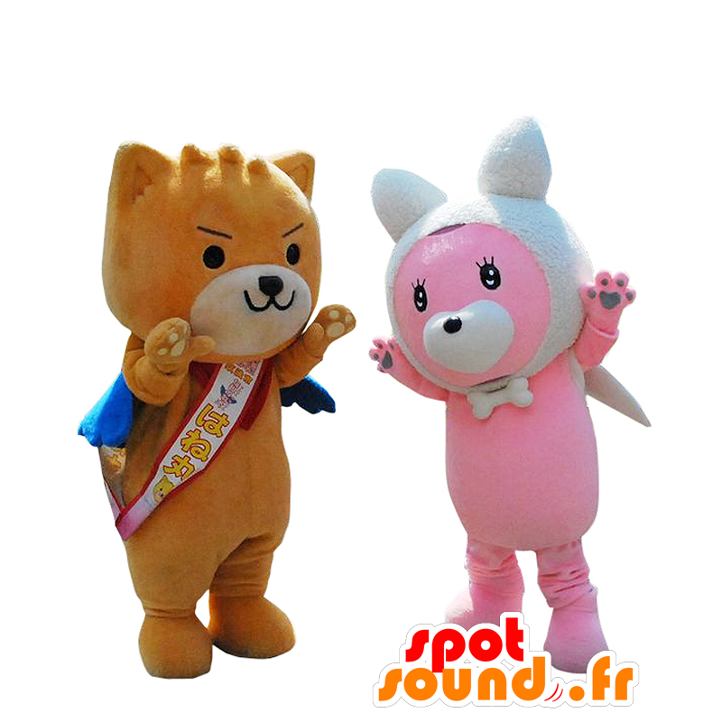 Maskoter Hanemaru og Paneko, en brun hund og en rosa bunny - MASFR27975 - Yuru-Chara japanske Mascots
