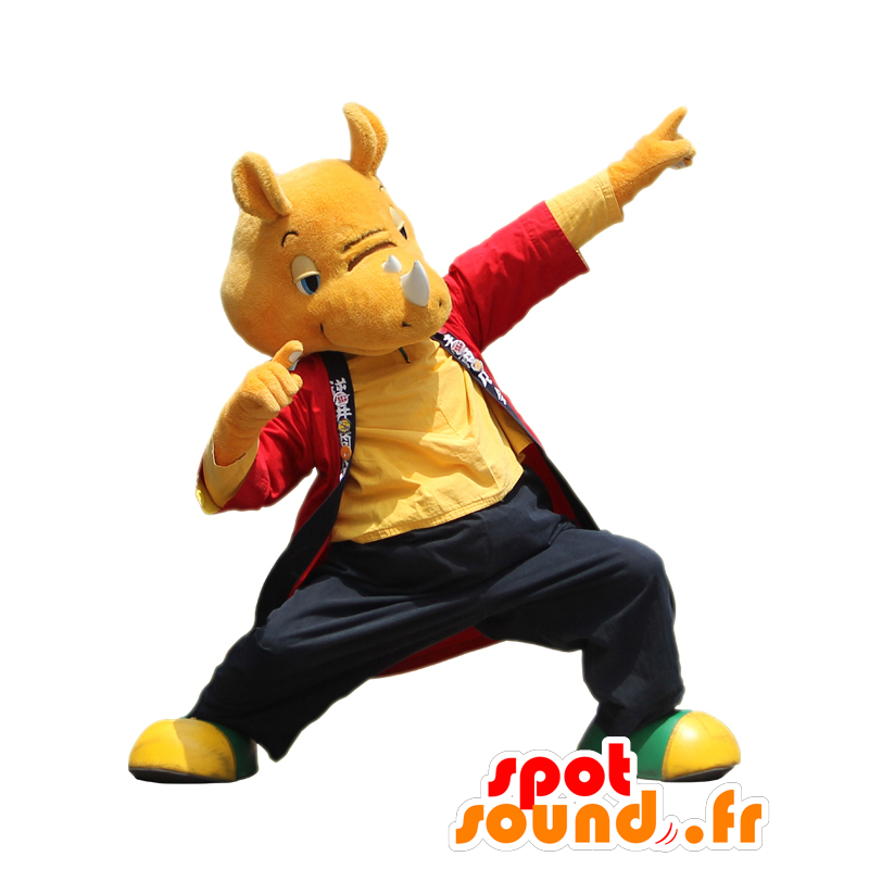 Μασκότ Sakasai kun, πορτοκαλί ρινόκερο με πολύχρωμα ρούχα - Ιαπωνικές μασκότ Yuru-Chara - MASFR27977 - SpotSound.fr