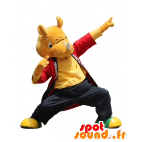 Μασκότ Sakasai kun, πορτοκαλί ρινόκερο με πολύχρωμα ρούχα - Ιαπωνικές μασκότ Yuru-Chara - MASFR27977 - SpotSound.fr