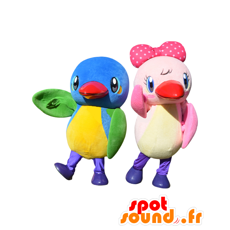 Mascottes Mu-chan en Satchan, 2 kleurrijke vogels - MASFR27996 - Yuru-Chara Japanse Mascottes