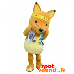 Kyu-chan maskot, oranžová a žlutá liška s čelenkou - MASFR27998 - Yuru-Chara japonské Maskoti