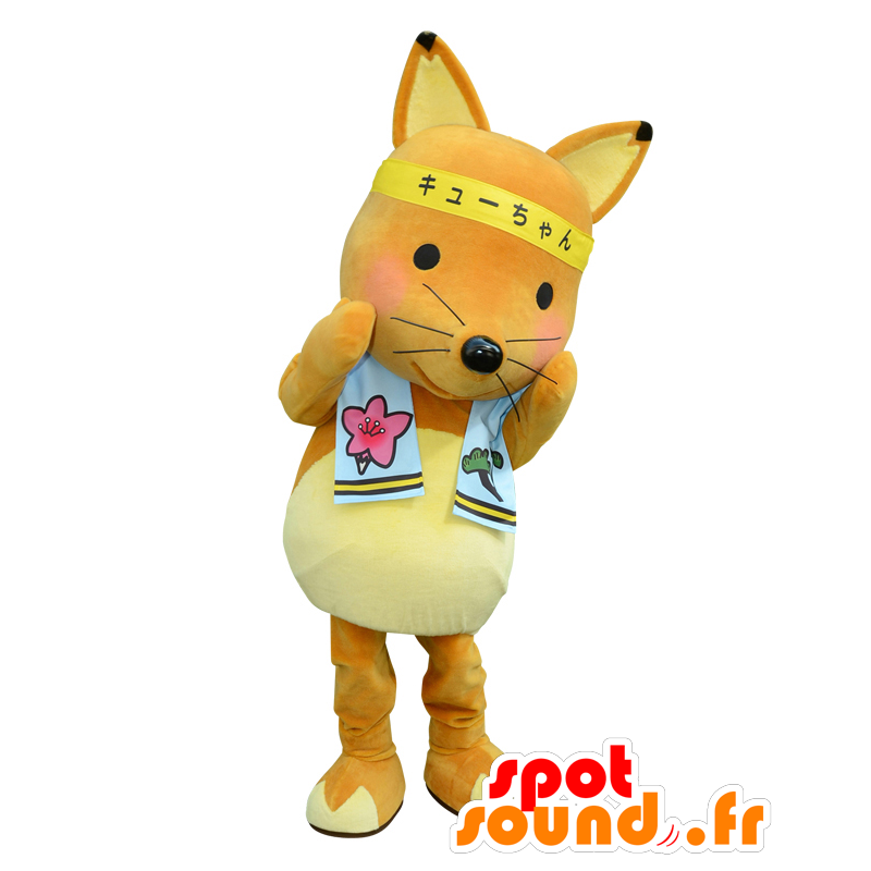 Mascotte de Kyu-chan, renard orange et jaune avec un bandeau - MASFR27998 - Mascottes Yuru-Chara Japonaises
