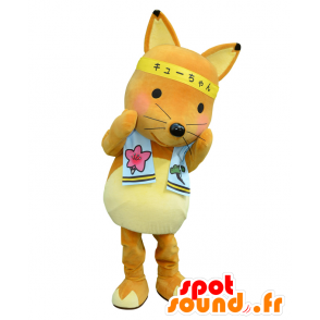Kyu-chan maskot, oranžová a žlutá liška s čelenkou - MASFR27998 - Yuru-Chara japonské Maskoti