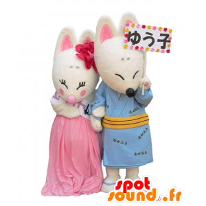 Mascottes de Yuta et Yuko, 2 renards blanc et roses - MASFR28010 - Mascottes Yuru-Chara Japonaises