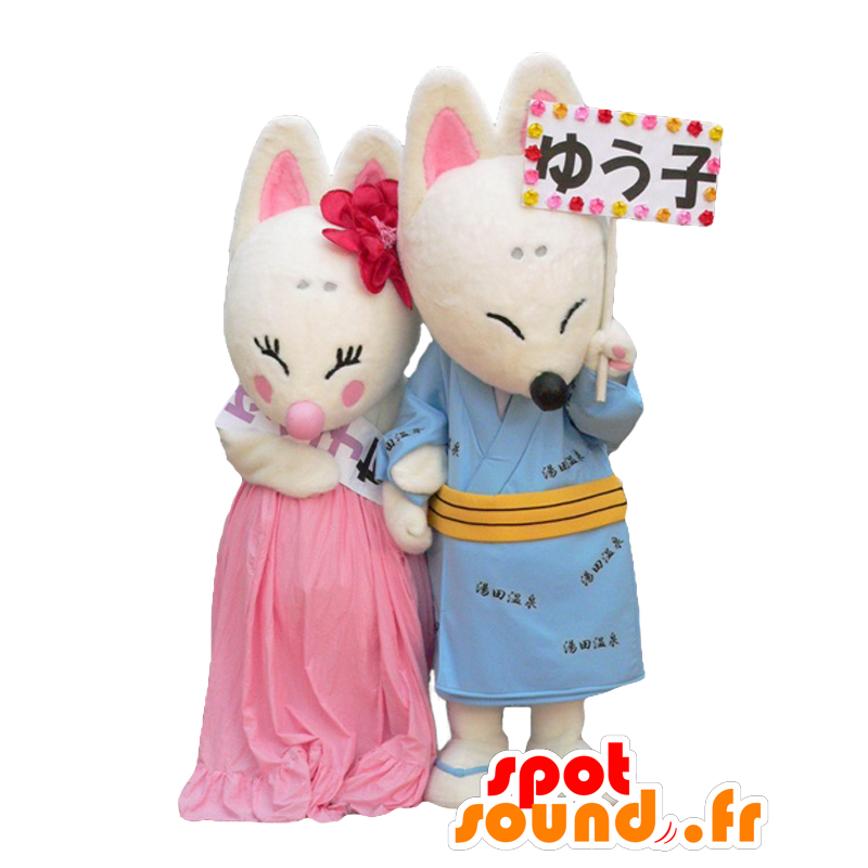 Mascottes Yuta en Yuko, twee witte vossen en rozen - MASFR28010 - Yuru-Chara Japanse Mascottes