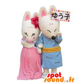 Maskoter Yuta og Yuko, to hvite rever og roser - MASFR28010 - Yuru-Chara japanske Mascots